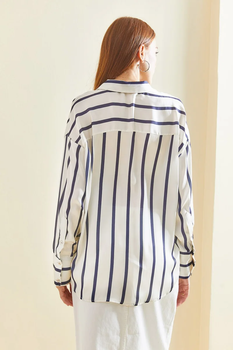 لايث Cuff Sleeve Striped Satin Shirt