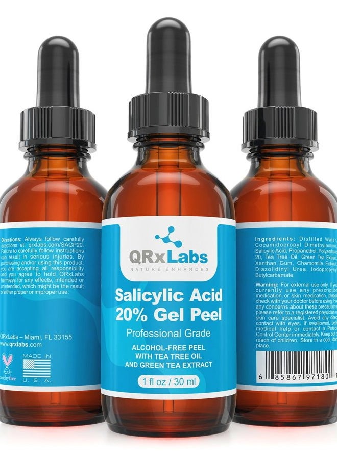 QRxLabs - Salicylic Acid 20% Gel Peel - Alcohol-Free Formula with Tee Tree Oil and Green Tea Extract - Professional Grade Chemical Peel for Face for Acne Treatment - Beta Hydroxy Acid - 1 Fl Oz Bottle - Image 1
