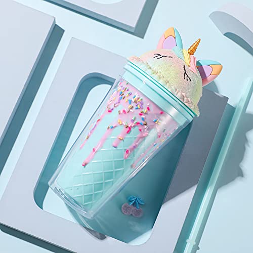 seelucky Unicorn Water Bottle Travel Tumbler with Straw Ice Drinking Cup Freezer Frosty for Picnic Party Birthday (chocolate unicorn blue, 450 ml) - Image 3