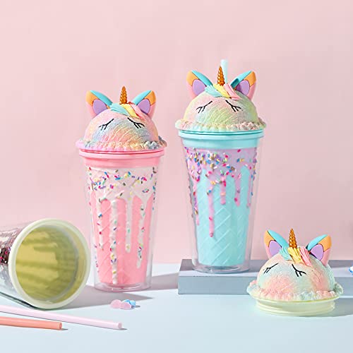 seelucky Unicorn Water Bottle Travel Tumbler with Straw Ice Drinking Cup Freezer Frosty for Picnic Party Birthday (chocolate unicorn blue, 450 ml) - Image 4