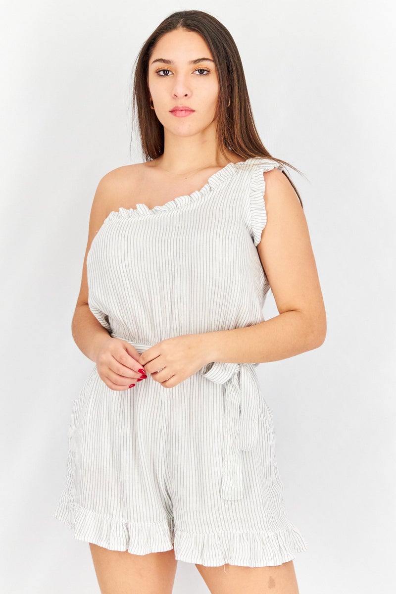Vintage Havana Women Stripe One Shoulder Sleeves Playsuits, White  - Image 1