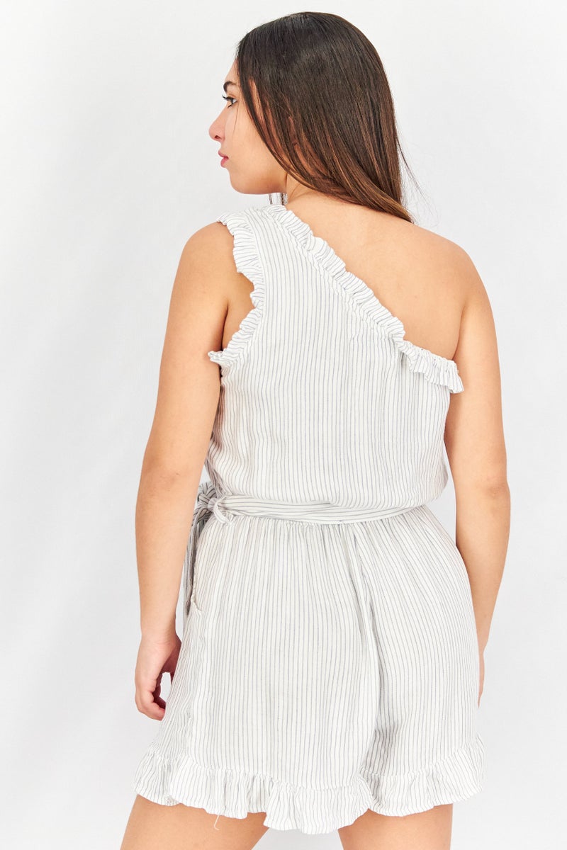 Vintage Havana Women Stripe One Shoulder Sleeves Playsuits, White  - Image 3