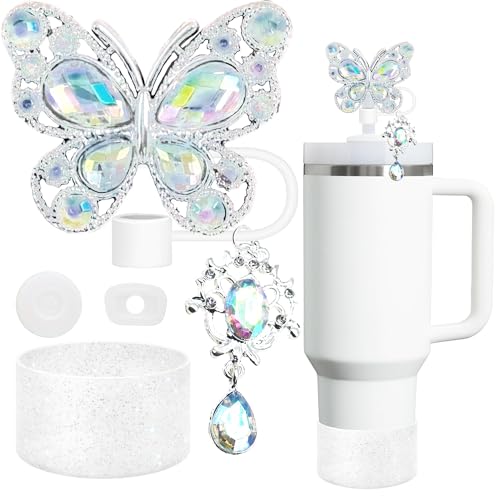 Cussom Accessories for Stanley Cup，Butterfly Chain for Stumbler with Handle, Silicone Boot and Straw covers Stuff Decor Water Bottle Jewelry Tumbler Personalized Decorations Tag (Shiny White) - Image 1
