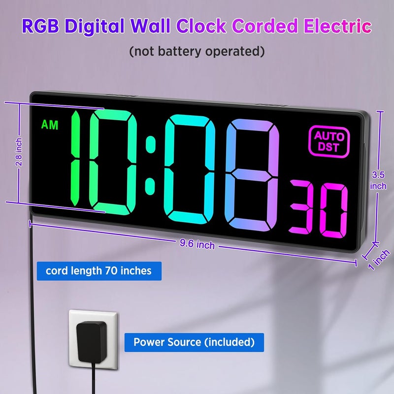 سو بيست - ساعة رقمية جدارية بحجم 10 بوصات بتقنية RGB مع عرض للثواني تلقائيًا ودعم لتغييرات التوقيت الصيفي (DST) - Image 4