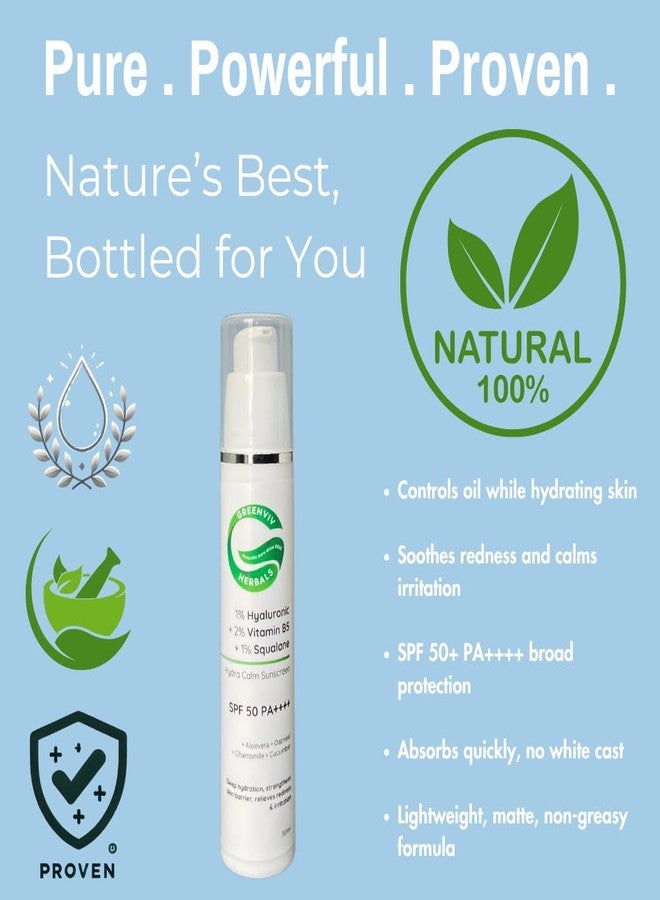 Greenviv Hydra Calm Sunscreen SPF 50 PA++++ for Dry & Sensitive Skin | with Hyaluronic Acid, Vitamin B5 & Squalane | Hydrating, Gentle, Non-Comedogenic & Redness Relief | 50 ml - Image 2