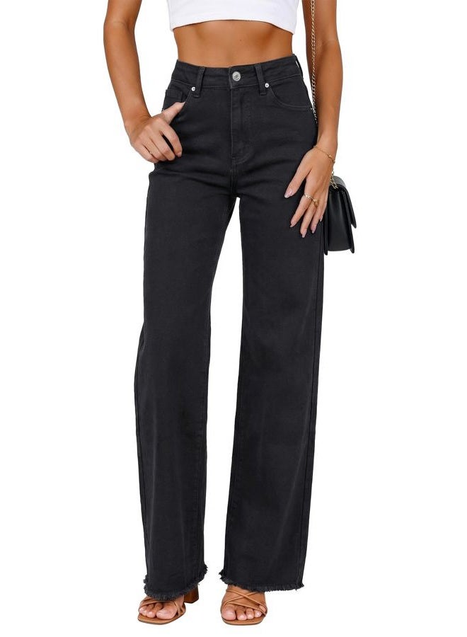 GRAPENT Straight Leg Jeans for Women High Waisted Stretchy Frayed Raw Hem Loose Denim Pants Casual Baggy Jean Trousers, Always Black, XL - Image 1