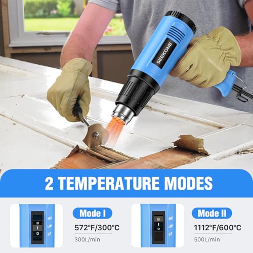 SEEKONE Heat Gun, 1800W Heavy Duty Hot Air Gun Kit Dual-temperature Setting 572℉&1112℉, Hot Heat Gun with Overheat Protection, 4 Nozzles Included, for Shrinking PVC, Stripping Paint, Crafts (5.2ft) - Image 3