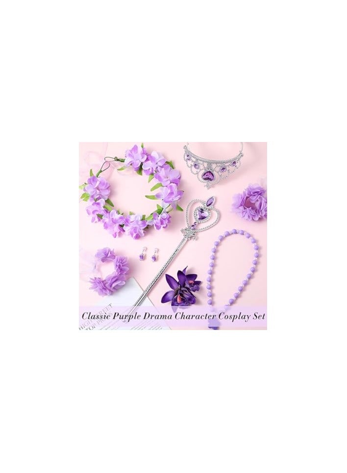 7-Piece Little Girl Princess Accessories Set - Includes Crown, Wand, Tiara, Necklace, Wristbands, Earrings, and Floral Hair Pin for Birthday Cosplay Parties, Ideal for Girls Aged 3-13. - Image 5