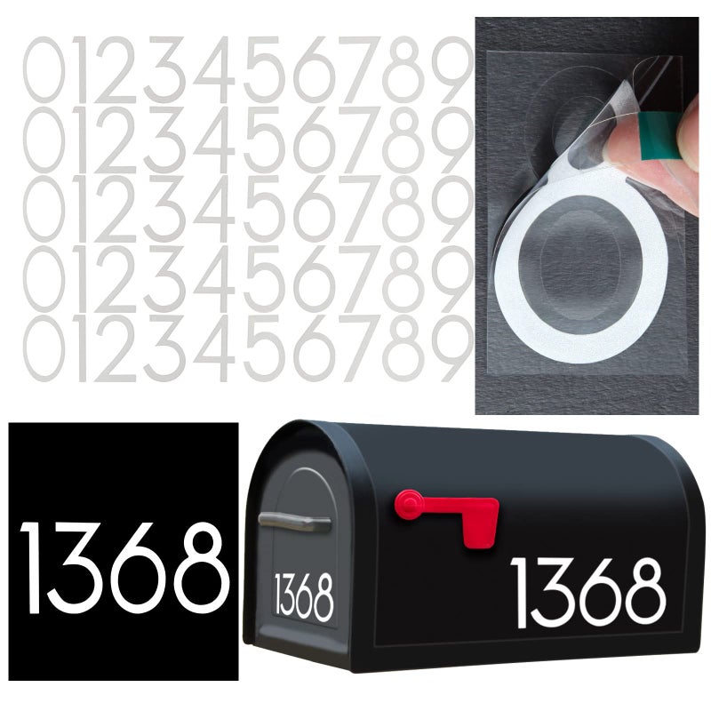 olaine 2 inch Reflective Mailbox Numbers for Outside, 5 Sets Number Stickers with Sticky Tabs for Easy Backing Peeling, Pre-cut Self Adhesive Vinyl House Numbers - Image 1