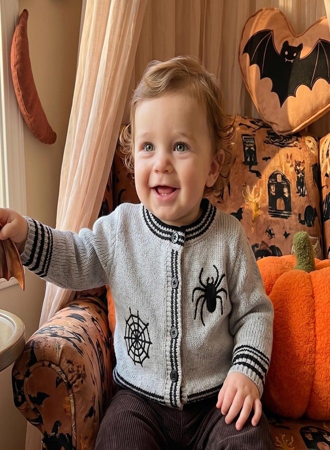 Lamuusaa Toddler Baby Boy Halloween Outfit Gothic Spider & Web Embroidery Knit Sweater Long Sleeve Cardigan Fall Clothes (Grey, 6-12 Months) - Image 3