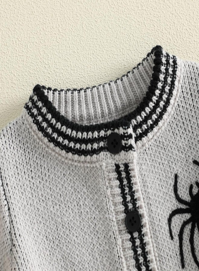 Lamuusaa Toddler Baby Boy Halloween Outfit Gothic Spider & Web Embroidery Knit Sweater Long Sleeve Cardigan Fall Clothes (Grey, 6-12 Months) - Image 4