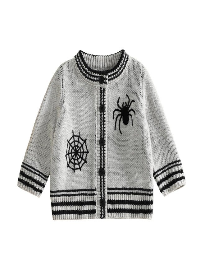 Lamuusaa Toddler Baby Boy Halloween Outfit Gothic Spider & Web Embroidery Knit Sweater Long Sleeve Cardigan Fall Clothes (Grey, 6-12 Months) - Image 1