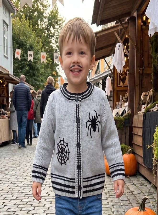 Lamuusaa Toddler Baby Boy Halloween Outfit Gothic Spider & Web Embroidery Knit Sweater Long Sleeve Cardigan Fall Clothes (Grey, 6-12 Months) - Image 2