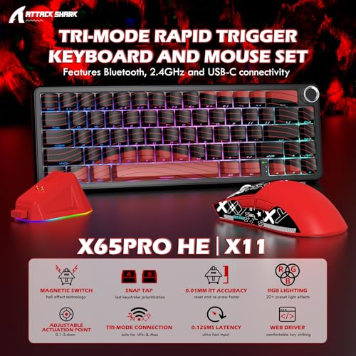 MAMBASNAKE Attack Shark X65PRO HE & X11 Gaming Combo–Hall Effect Magnetic Keyboard & Superlight Mouse with RGB Charging Dock,8KHz Polling 22K DPI,Tri-Mode Wireless,Hot-Swappable,for Win/Mac/Linux (Black Red) - Image 2