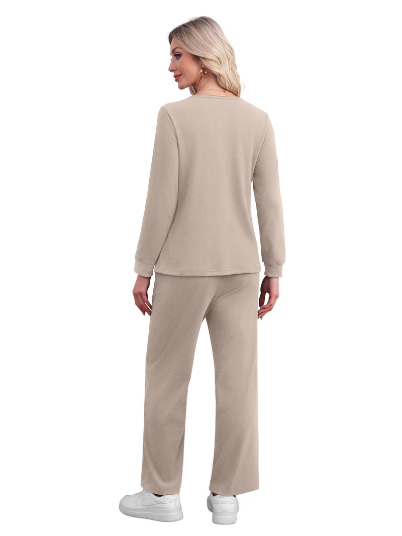 WIHOLL Lounge Sets for Women Two Piece Outfits Womens Fall Fashion 2025 Clothes Button Down Sweatsuits Wide Leg Sweatpants with Pockets Casual Loungewear 2 Piece Matching Sets Winter Clothing Beige S - Image 5