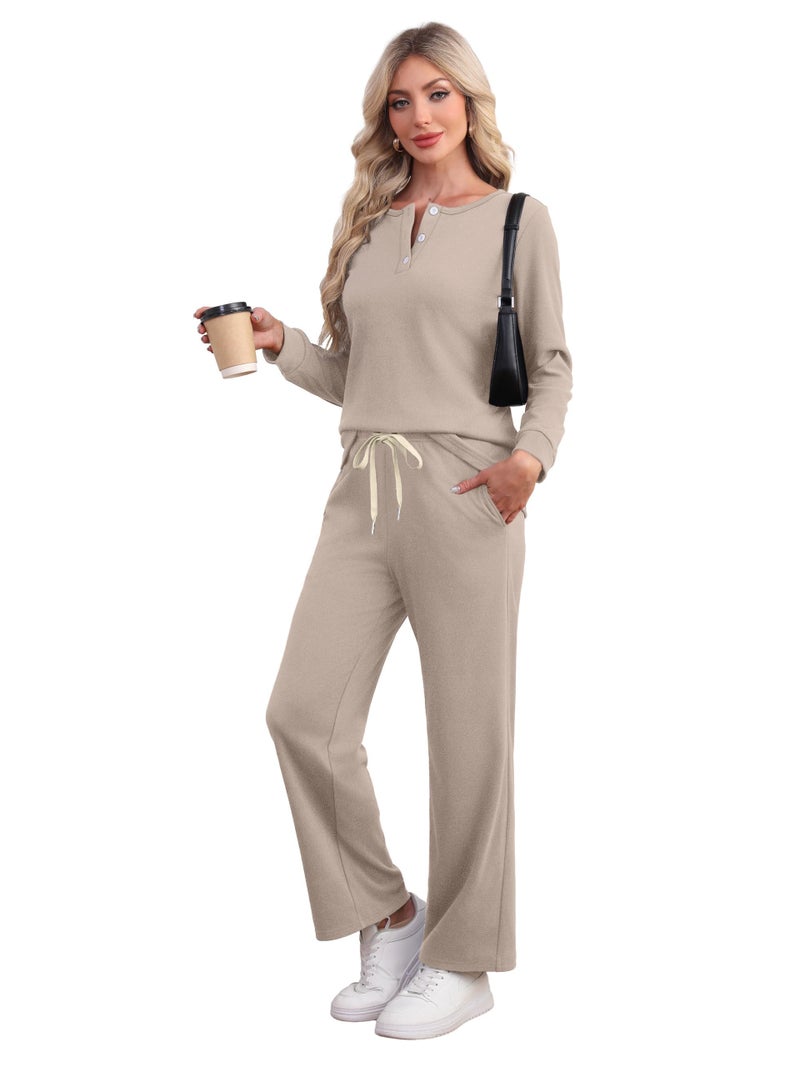 WIHOLL Lounge Sets for Women Two Piece Outfits Womens Fall Fashion 2025 Clothes Button Down Sweatsuits Wide Leg Sweatpants with Pockets Casual Loungewear 2 Piece Matching Sets Winter Clothing Beige S - Image 2