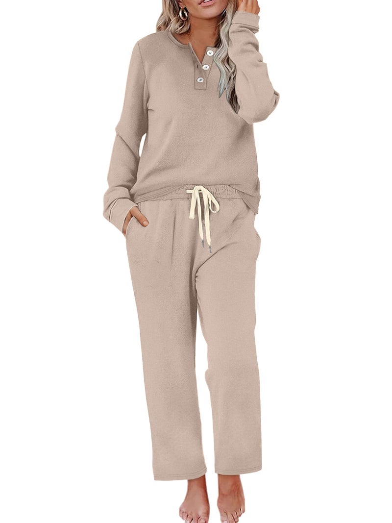 WIHOLL Lounge Sets for Women Two Piece Outfits Womens Fall Fashion 2025 Clothes Button Down Sweatsuits Wide Leg Sweatpants with Pockets Casual Loungewear 2 Piece Matching Sets Winter Clothing Beige S - Image 1