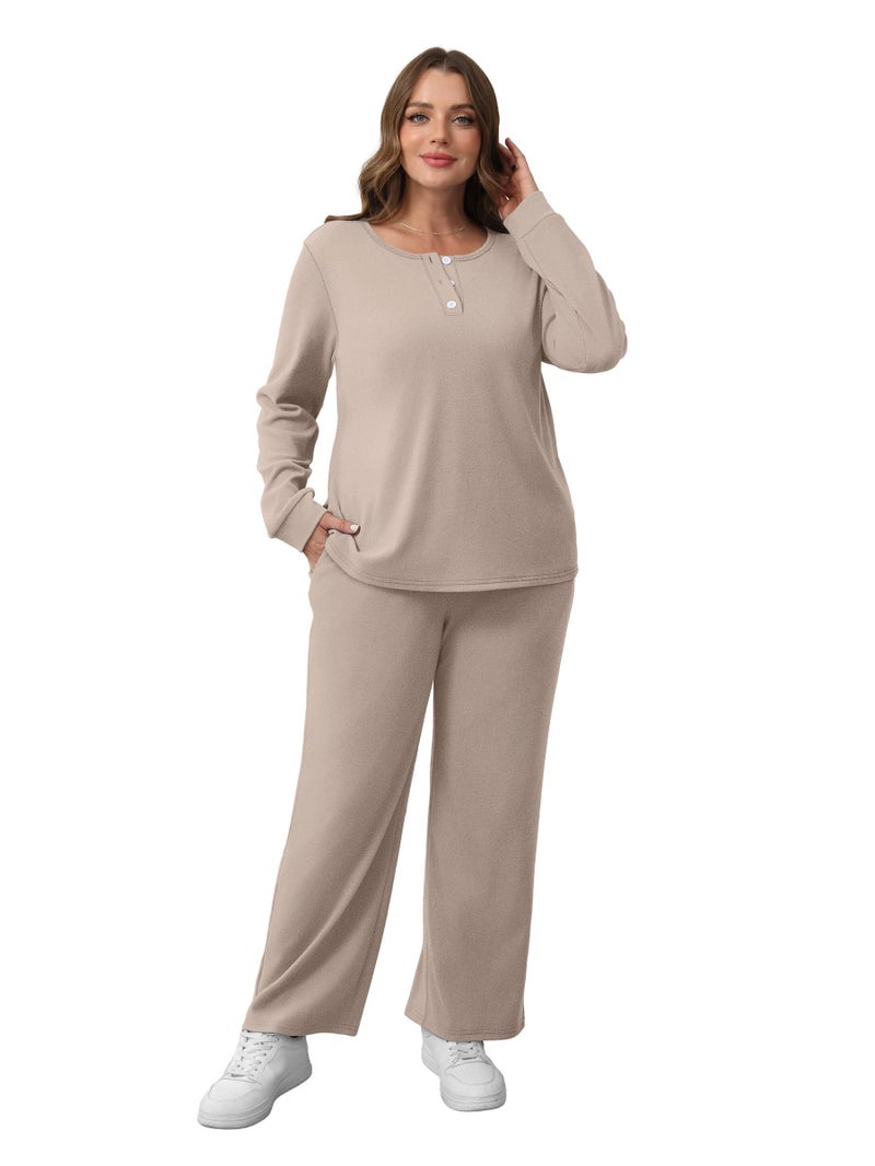 WIHOLL Lounge Sets for Women Two Piece Outfits Womens Fall Fashion 2025 Clothes Button Down Sweatsuits Wide Leg Sweatpants with Pockets Casual Loungewear 2 Piece Matching Sets Winter Clothing Beige S - Image 3