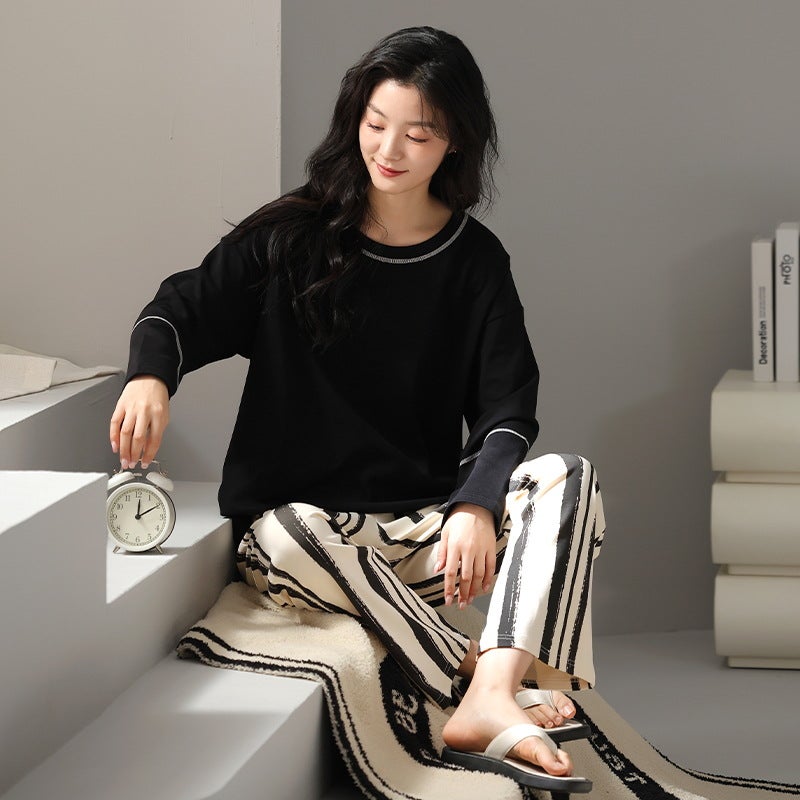 Category a Long-Sleeved Pure Cotton Pajamas for Women, Spring & Fall Pants, Sweet Cartoon Loose Korean Style Simple Casual Women''s Home Wear - Image 1