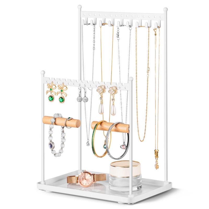 Josmimic 3 Tier white Jewelry Stand Necklace Organizer Earring Holder with 44 Holes and 9 Hooks for Necklaces Bracelets Rings - Image 2