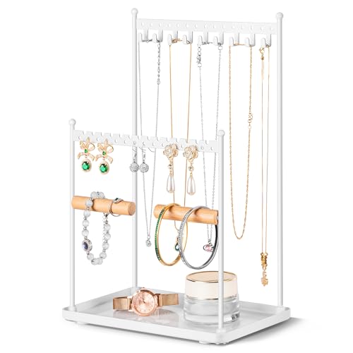 Josmimic 3 Tier white Jewelry Stand Necklace Organizer Earring Holder with 44 Holes and 9 Hooks for Necklaces Bracelets Rings - Image 1