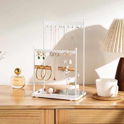 Josmimic 3 Tier white Jewelry Stand Necklace Organizer Earring Holder with 44 Holes and 9 Hooks for Necklaces Bracelets Rings - Image 3