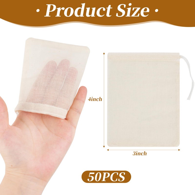 GliSun 50 Pcs Muslin Drawstring Bags Reusable Tea Bags Natural Cotton Unbleached Small Cheese Cloth Bag for Cooking Straining Soup Sachet Coffee Tea Brew Spice (4 x 3 Inches) - Image 3