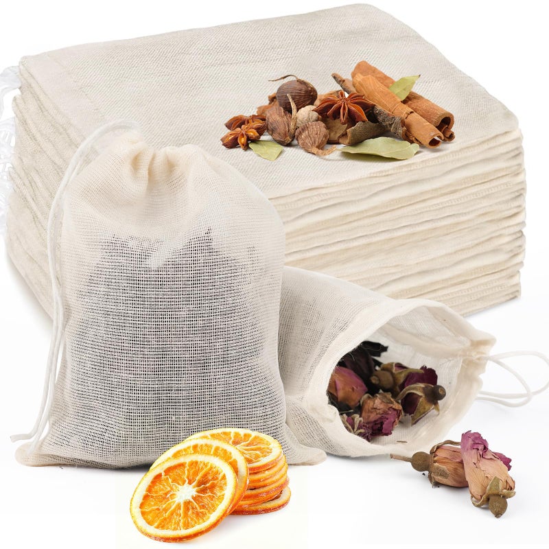 GliSun 50 Pcs Muslin Drawstring Bags Reusable Tea Bags Natural Cotton Unbleached Small Cheese Cloth Bag for Cooking Straining Soup Sachet Coffee Tea Brew Spice (4 x 3 Inches) - Image 1