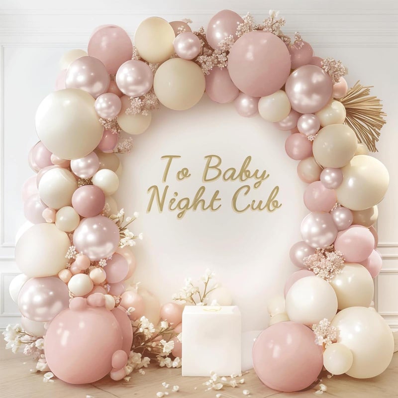 PUFFLD Boho Dusty Pink Balloons Garland Arch Kit, Double Stuffed White Pearl Balloon Blush Neutral Pink Latex Balloons for Birthday Bridal Shower Party Decorations - Image 1