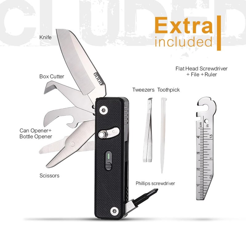 ROXON S504G Mini Flex Companion-7 in 1 Multitool EDC Pocket Knife with G10 Handle, Box Cutter, Short Sheepsfoot Blade, Short Scissors, Bottle & Can Opener, 4mm Bit, Tweezers and Toothpick - Image 2