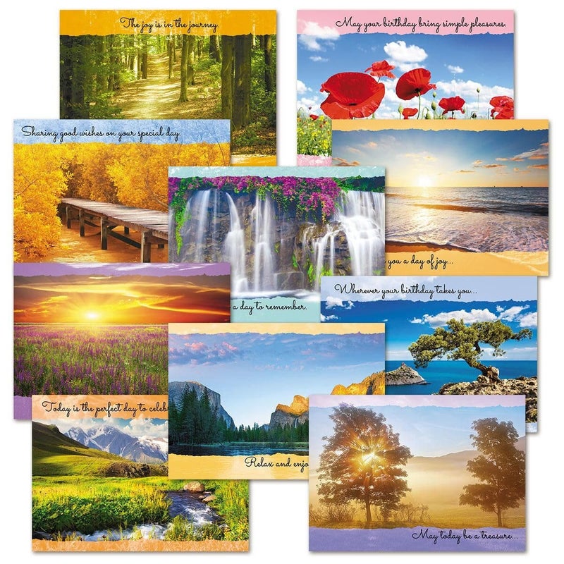 Current Scenic Inspirations Happy Birthday Greeting Card Set - Value Pack of 20 Cards With White Envelopes, 10 Designs, Large 5" x 7" Assortment - Image 1