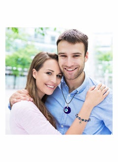 SYOSI 4 Pieces Eye Necklace with Eye Bracelet Set Blue Eye Bead Hand Stretch Bracelet and Glass Eye Faux Leather Rope Chain Necklace for Women and Men  - Image 3