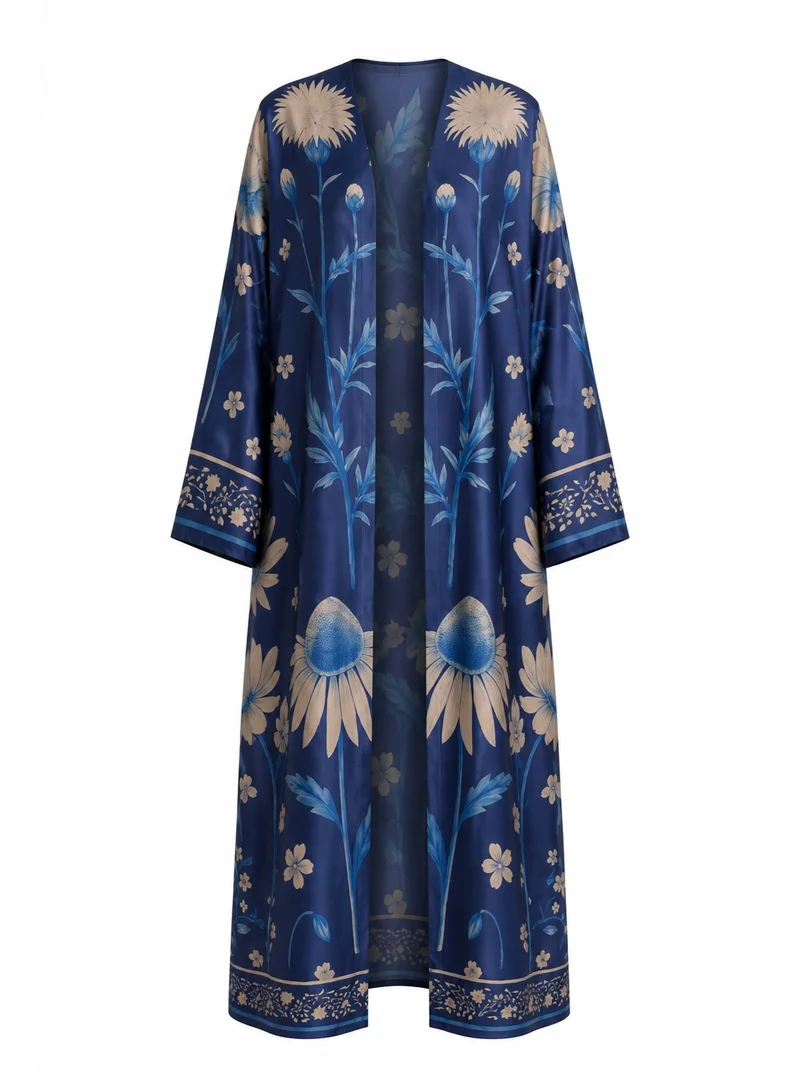 Amnad International Luxury Printed Satin Silk Abaya for Women with Matching Hijab – Royal Blue Floral Art Print, Sizes 52-60 inches