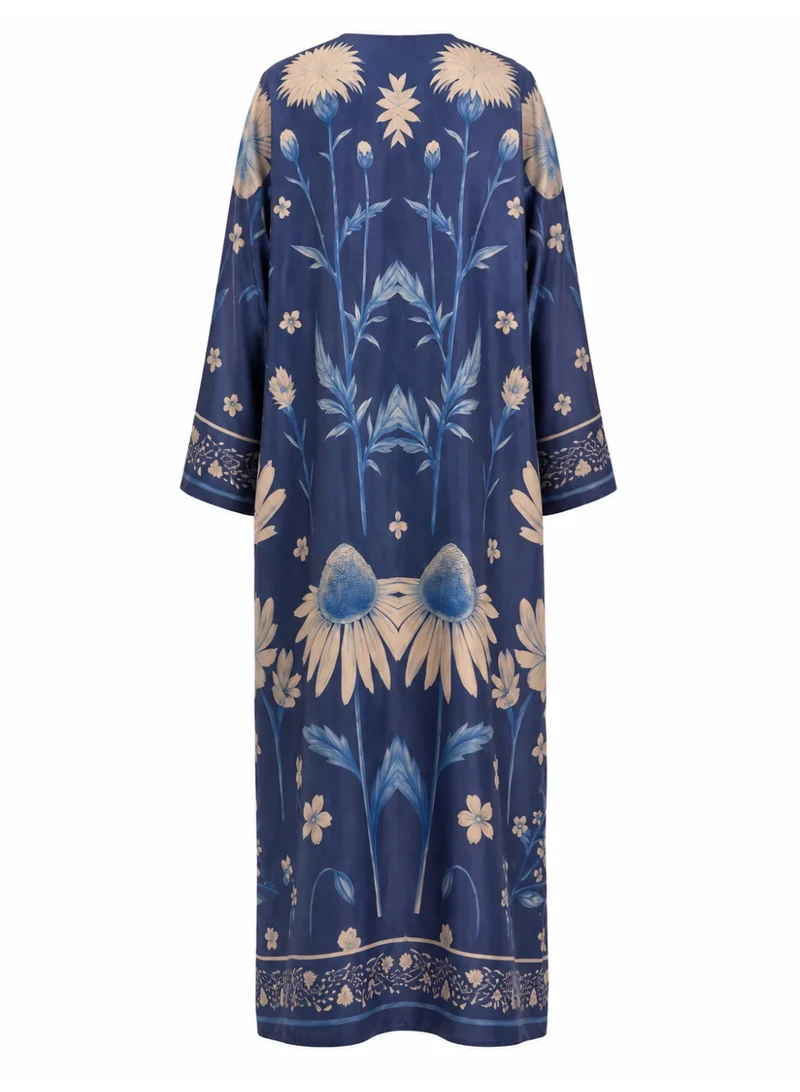 Amnad International  Luxury Printed Satin Silk Abaya for Women with Matching Hijab – Royal Blue Floral Art Print, Sizes 52-60 inches for Women | Best Price UAE