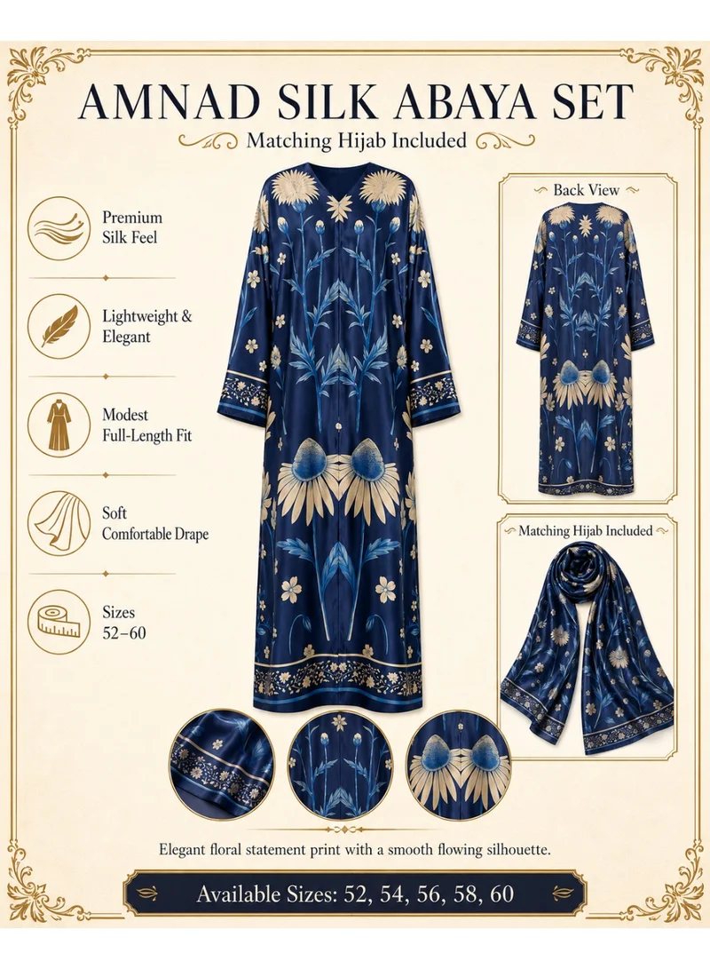 Amnad International  Luxury Printed Satin Silk Abaya for Women with Matching Hijab – Royal Blue Floral Art Print, Sizes 52-60 inches for Women | Best Price UAE