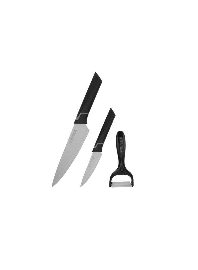 Royalford 3-Piece Kitchen Tools Set- RF12004| Includes 8" Chef Knife, 3.5" Paring Knife and Y-peeler Black - Image 1