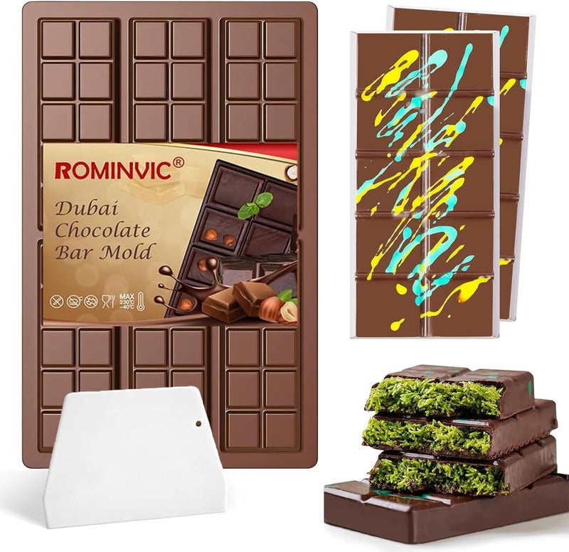 ROMINVIC Chocolate Bar Mold,Dubai Chocolate Molds and Scraper for Stuffed Bar,Deep Large and Thick Chocolate Candy Bar Mold for Filling Knafeh Pistachio Kit - Image 1