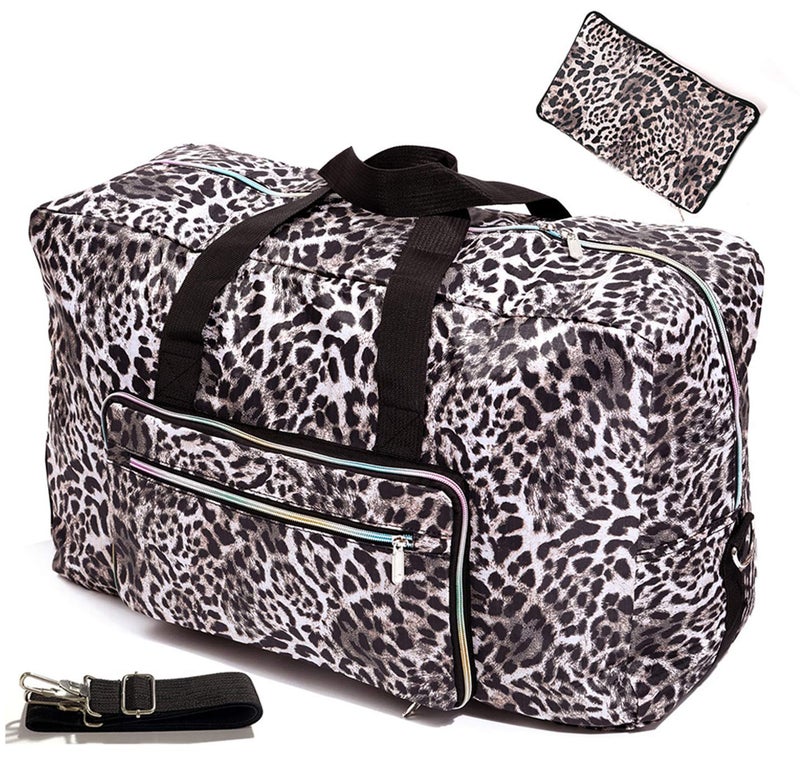 WFLB Large Foldable Travel Duffel Bag, Sports Tote Gym Bag For Women with Trolley Sleeve Weekender Overnight Carry On Checked Luggage Bag Hospital Bag Tote Shoulder Handbag Bag (leopard print) - Image 1