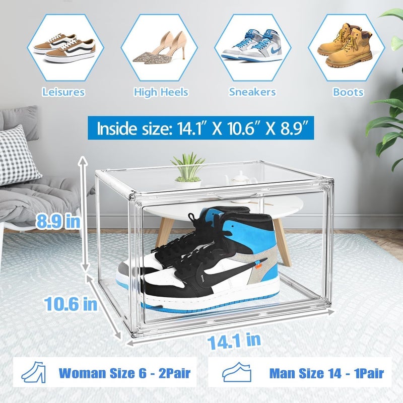 DAYOOH Size 14 Acrylic Sneaker Shoe Display Case, Transparent Shoe Box Storage Bins Clear Plastic Stackable Boot Handbag Organizer Containers with Lids for Shoes, Figure, Collectible, Purse, 1Pack - Image 3