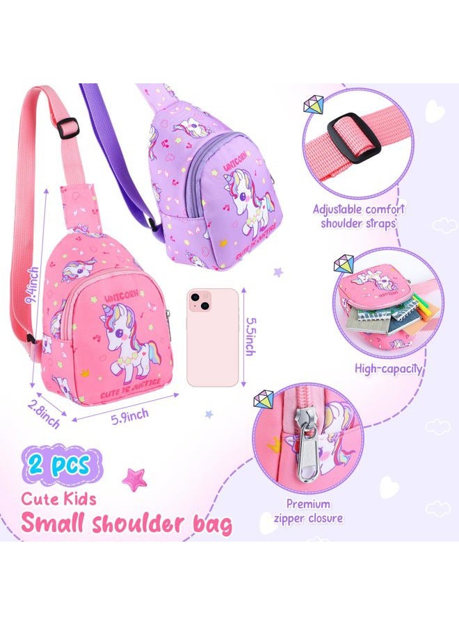 Cosblank 2 Pcs Small Crossbody Bag Girls Cute Cartoon Unicorn Sling Bag Nylon Shoulder Coin Pouch for Travel Hiking, Pink and Purple, Cute - Image 3
