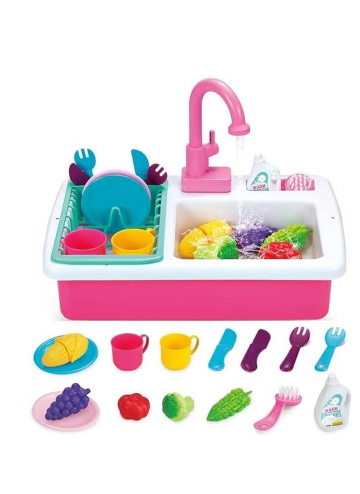 Kids Kitchen Sink Toy Set with Cutlery Cleaning Accessories Fruit and Vegetable Cutting Toys, Large Storage Box with Automatic Water Circulation, Birthday Gift for Kids Boys Girls  - Image 1