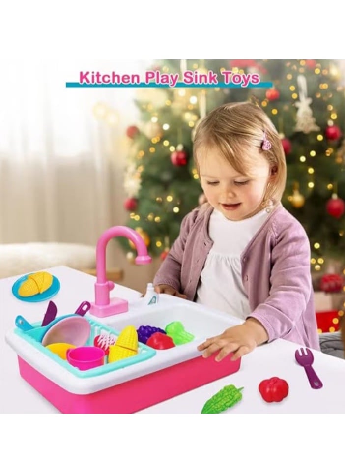 Kids Kitchen Sink Toy Set with Cutlery Cleaning Accessories Fruit and Vegetable Cutting Toys, Large Storage Box with Automatic Water Circulation, Birthday Gift for Kids Boys Girls  - Image 2