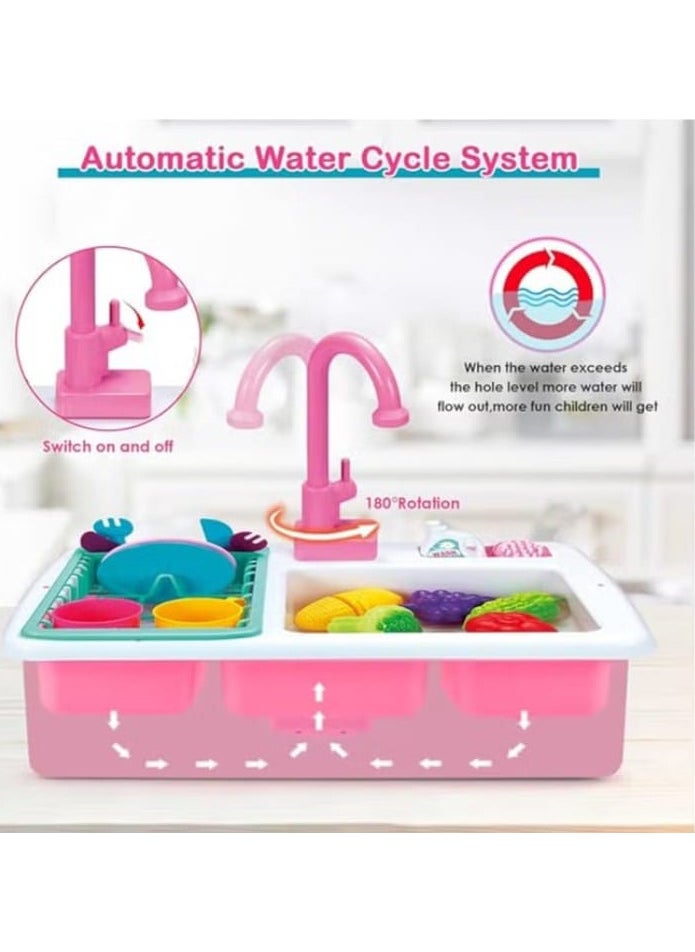 Kids Kitchen Sink Toy Set with Cutlery Cleaning Accessories Fruit and Vegetable Cutting Toys, Large Storage Box with Automatic Water Circulation, Birthday Gift for Kids Boys Girls  - Image 3