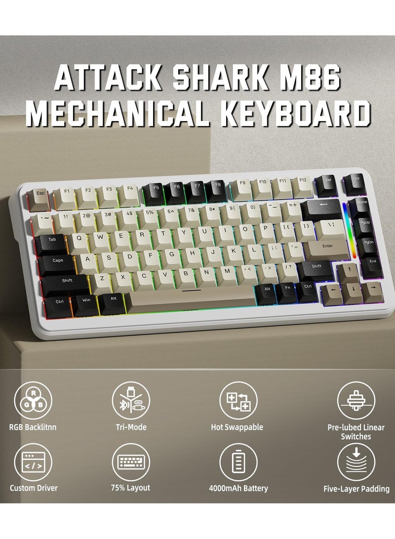 Attack Shark M86 83 Keys Wireless Mechanical Keyboard, 75% Gasket Hot Swappable Custom Keyboard, Side Printed PBT Keycaps, RGB Backlit, Pre-lubed Switches, BT/2.4GHz/ Wired Mechanical Gaming Keyboard - Image 2