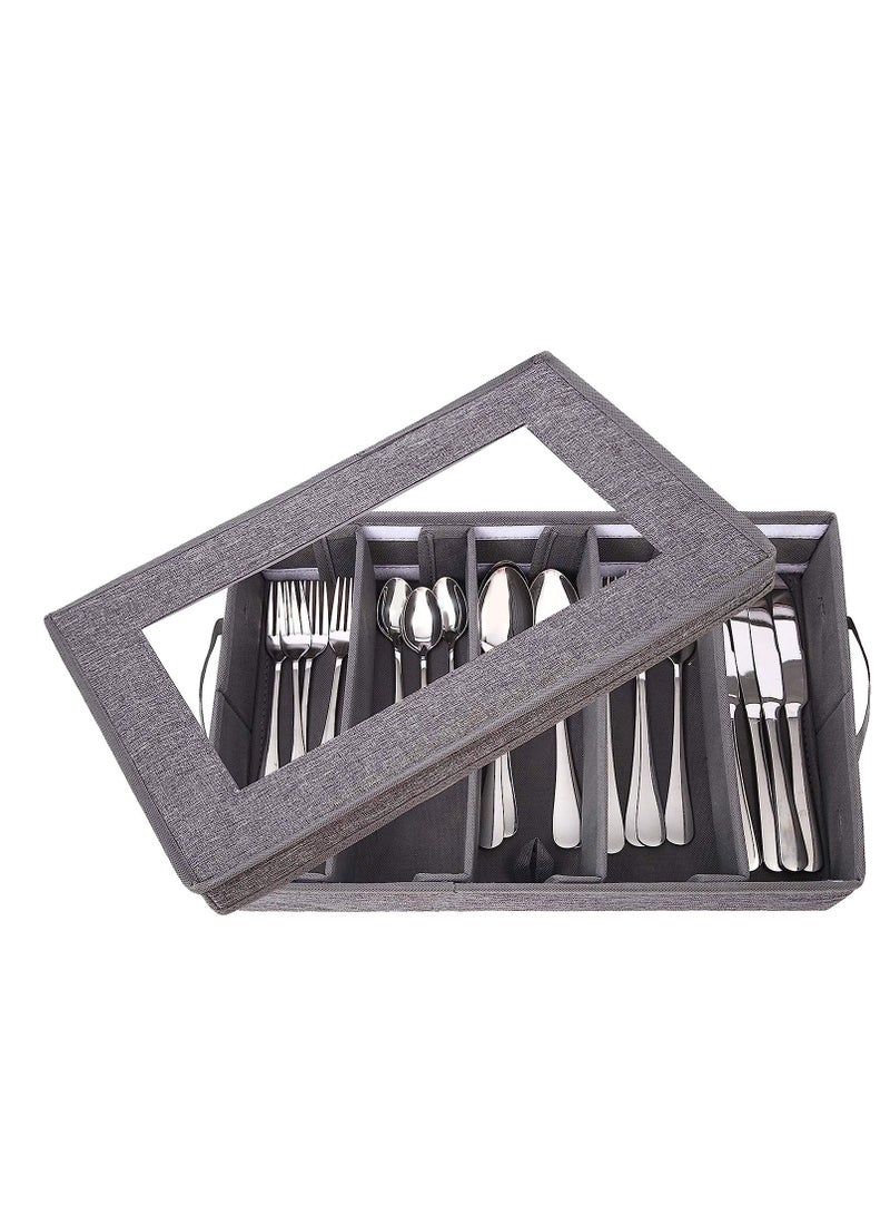 KASTWAVE صندوق تخزين أدوات المائدة، صندوق تخزين الفضيات، صندوق أدوات المائدة بغطاء قابل للإزالة وقواطع قابلة للتعديل، لتنظيم أدوات الطعام، أدوات المائدة، السكاكين، سعة كبيرة، رمادي - Image 5