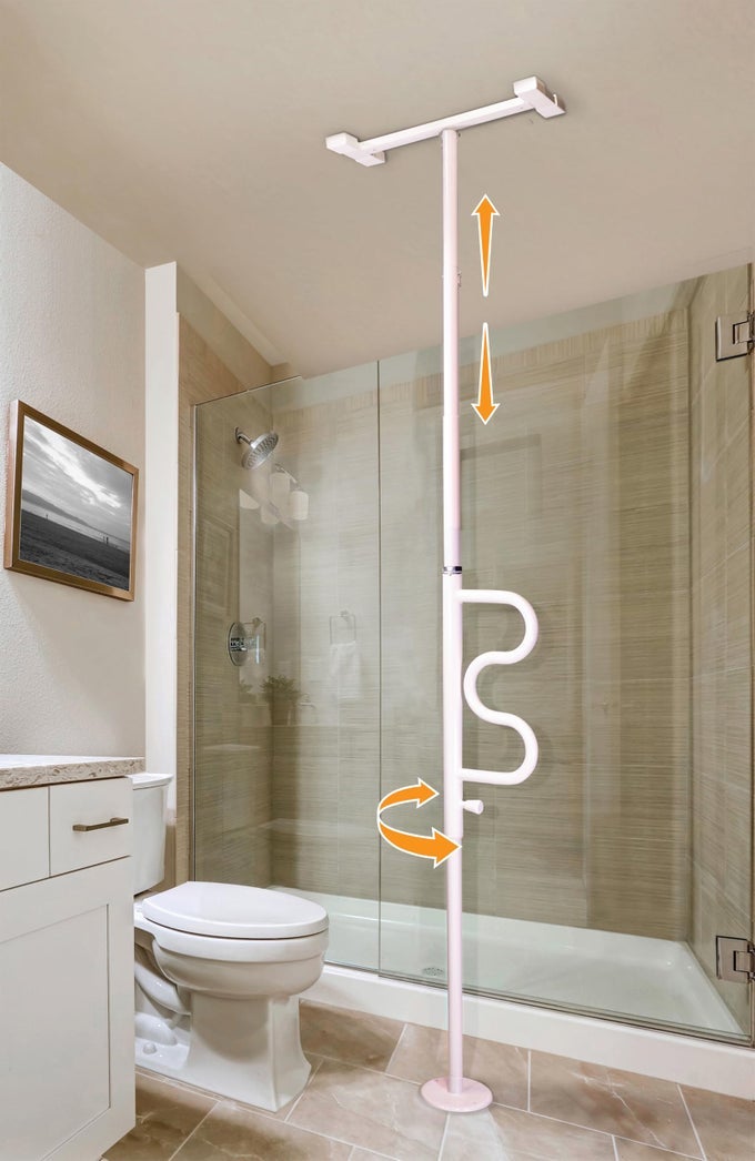 WONDER POLE SECURITYPOLE AND CURVE GRAB BAR TENSION MOUNTED FLOOR TO CEILING TRANSFERPOLE FOR SENIORS ELDERLY ADULTS BATHROOM SAFETY ASSIST AND STABILITY RAIL WHITE
