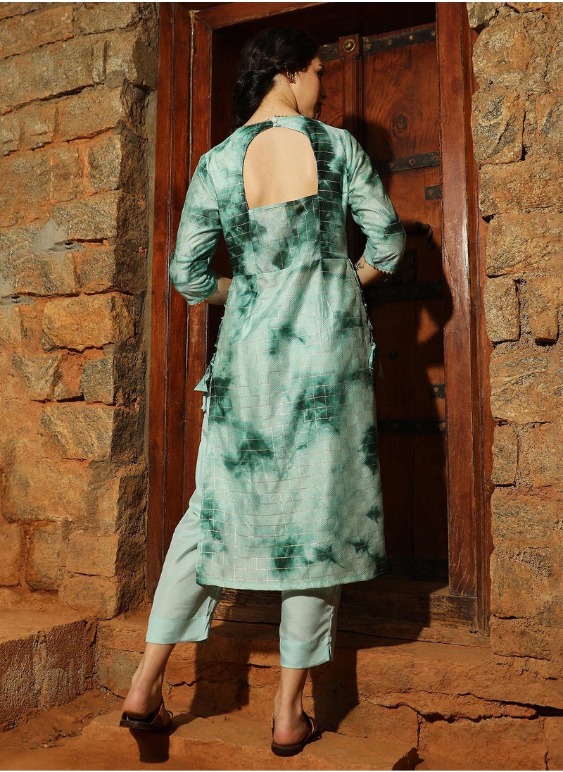  قصة - Women's Forest Green Tie-Dye Kurta With Trousers - Image 1
