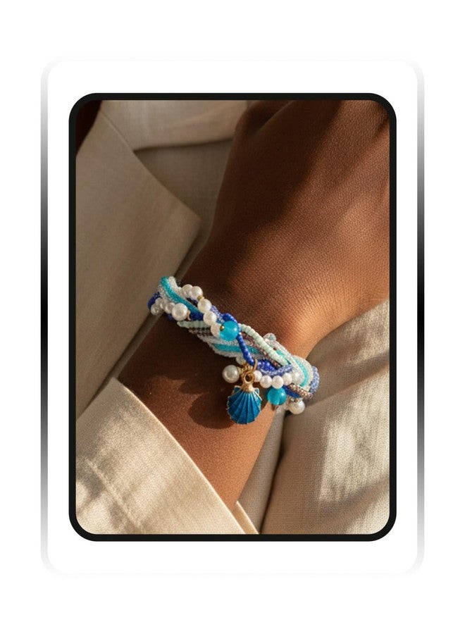 ELABEST Beaded Pearl Bracelets for women 2Pcs Handmade Plait Trendy Boho Y2K Crystal Bracelet (Blue) - Image 1