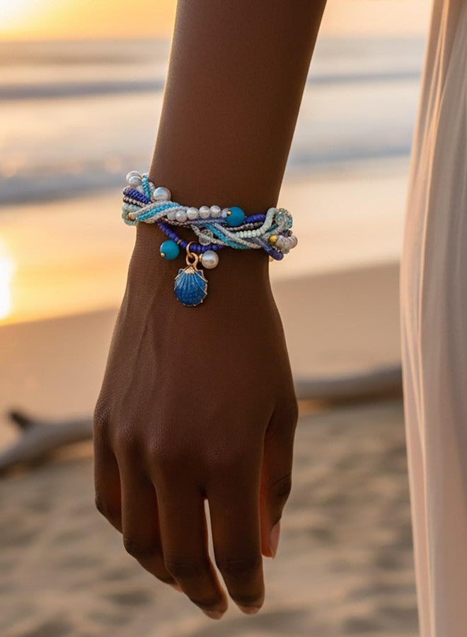 ELABEST Beaded Pearl Bracelets for women 2Pcs Handmade Plait Trendy Boho Y2K Crystal Bracelet (Blue) - Image 4