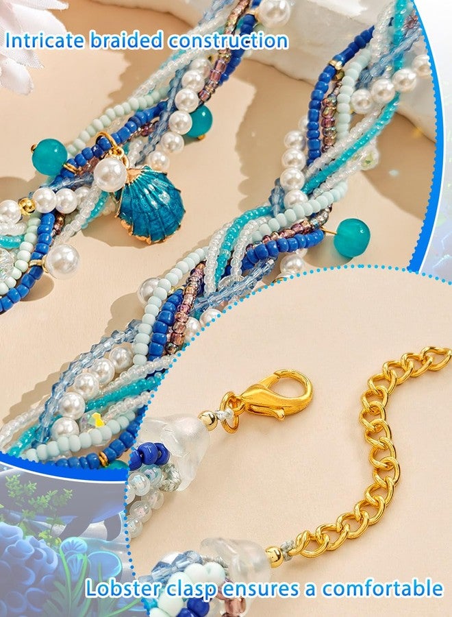 ELABEST Beaded Pearl Bracelets for women 2Pcs Handmade Plait Trendy Boho Y2K Crystal Bracelet (Blue) - Image 3